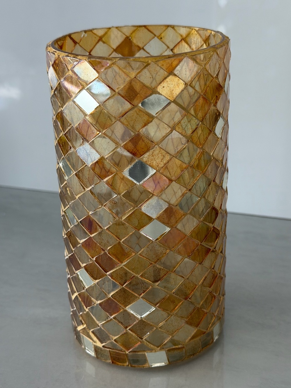 Glamorous Gold and Amber Mosaic Glass Cylinder Vase/Candleholder